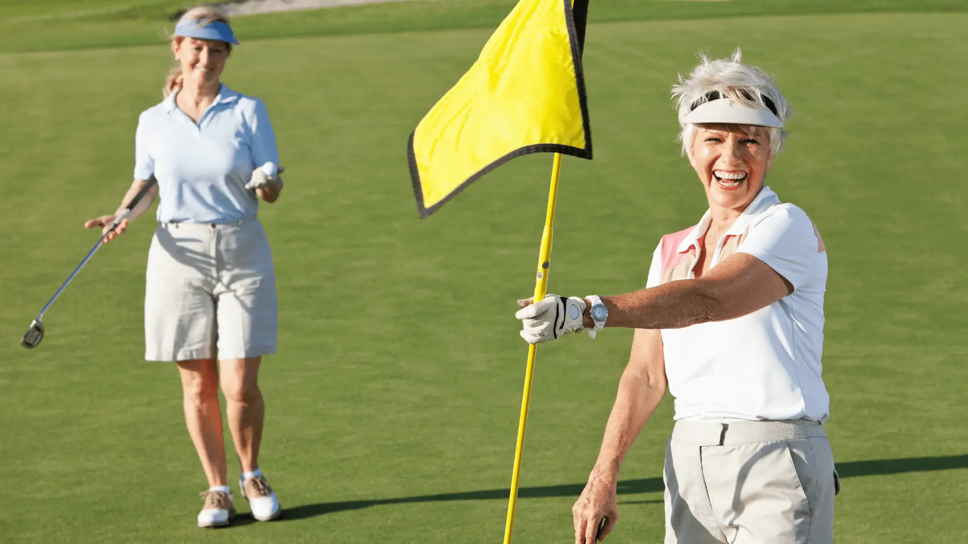 funny golf saying with two senior women golfers