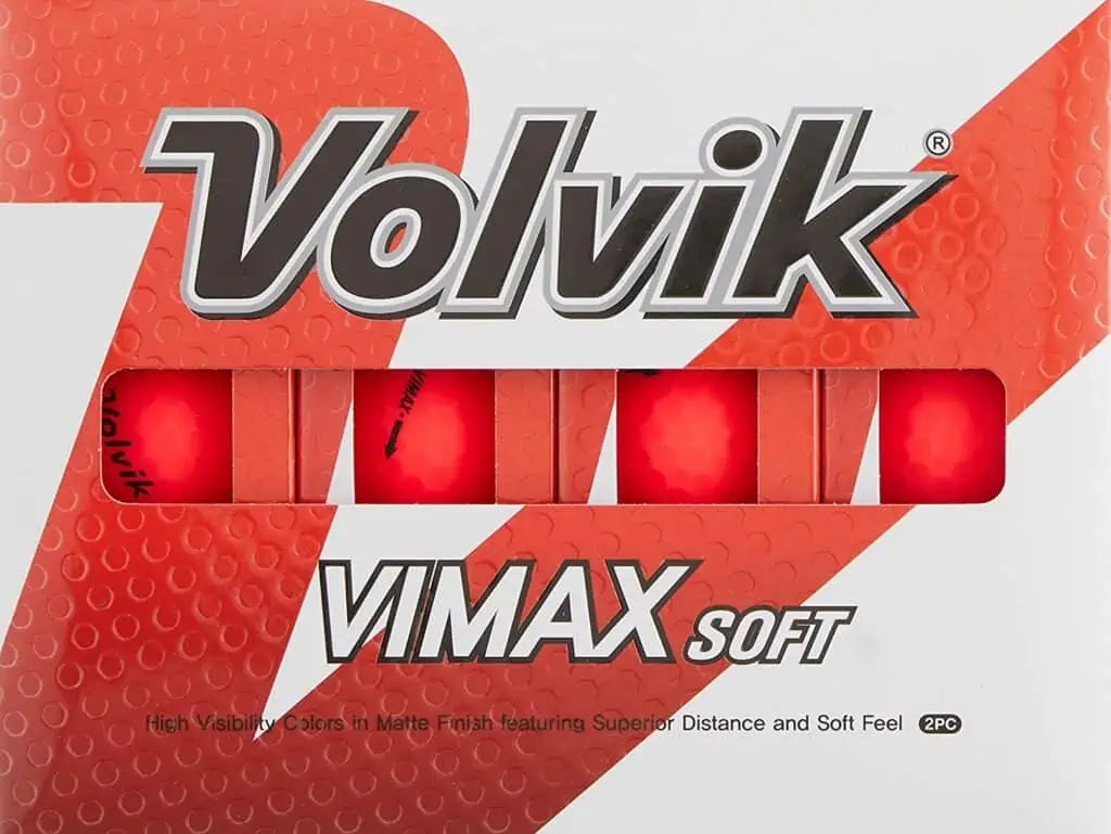 Best Golf Ball for High Visibility, Volvik Vimax Soft.  Photo shows box of Volvik balls.