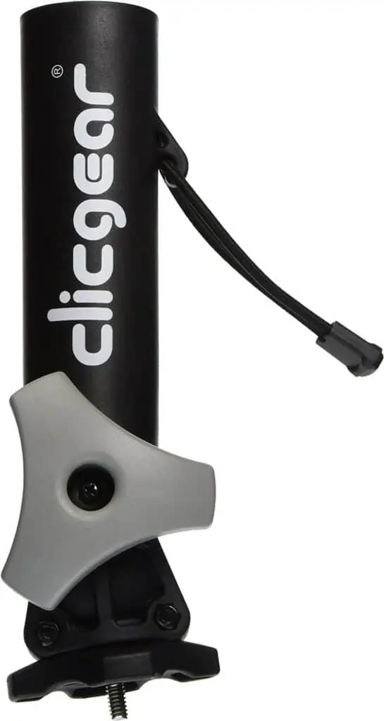 Clicgear Accessories - Umbrella Angle Adjuster Mount.  Black small and compact umbrella device with Clicgear written on the side.