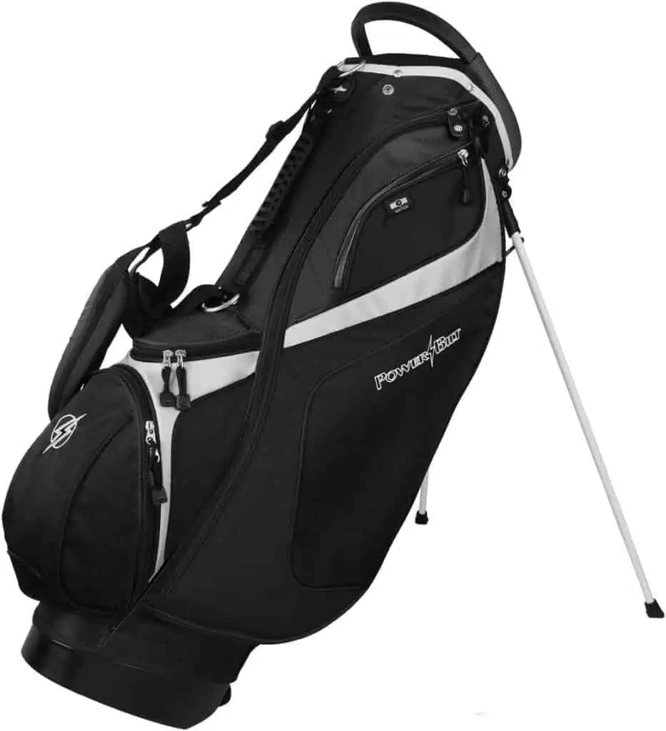 PowerBilt TPS Dunes 14 Slot Golf Bag, It is one of golf bags with full length dividers.  Photo shows black and white bag. 