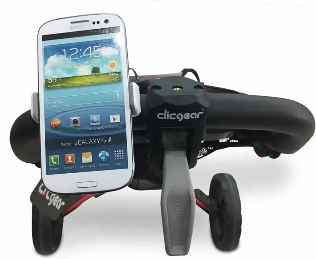 Phone Mount, golf push pull cart accessories. Shown on clicgeart cart. Brand: Fairway Golf Cart Phone Holder.