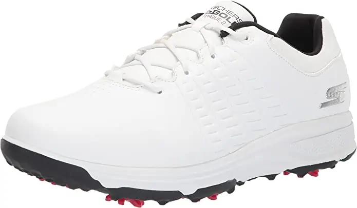 Skechers Men’s Torque Waterproof Golf Shoe is shown in white and navy.  It is our top choice for Best Golf Shoes for Arthritic Feet. 
