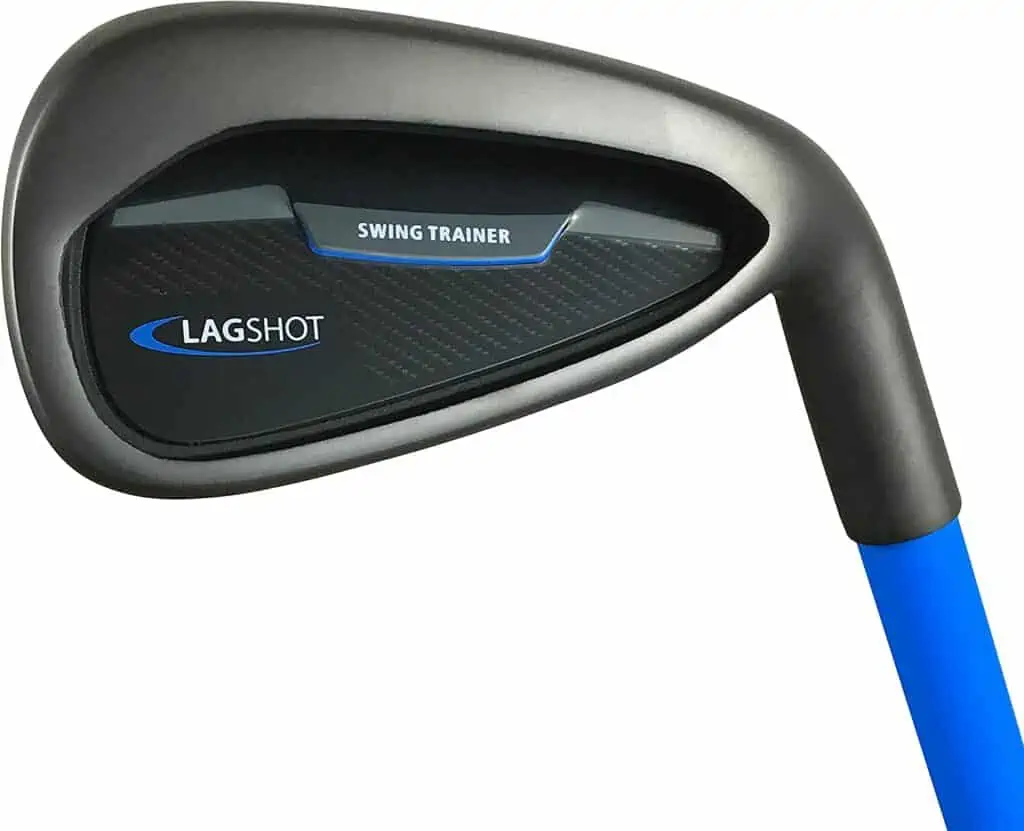 Best golf gifts for beginners - Lag Shot Iron 7 Golf Swing Trainer shown with a blue colored shaft.