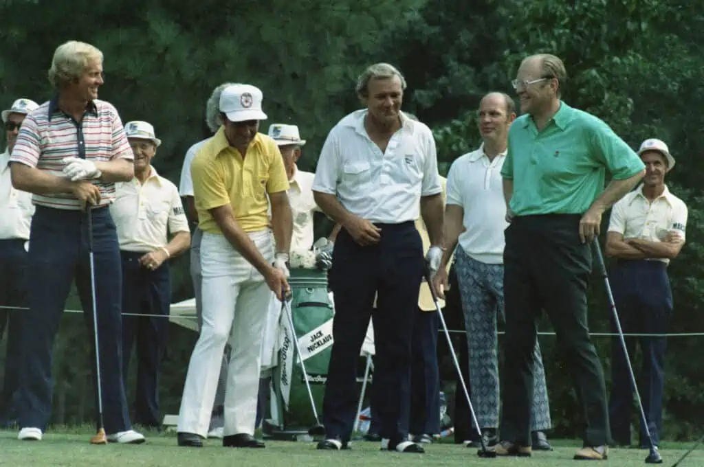 Photograph of Jack Nicklaus, Gary Player, Arnold Palmer, and President Gerald Ford Playing Golf at the World Golf Hall of Fame Tournament in Pinehurst, North Carolina.  Article on Gary Player Fitness & golf routine. arnold palmer vs gary player