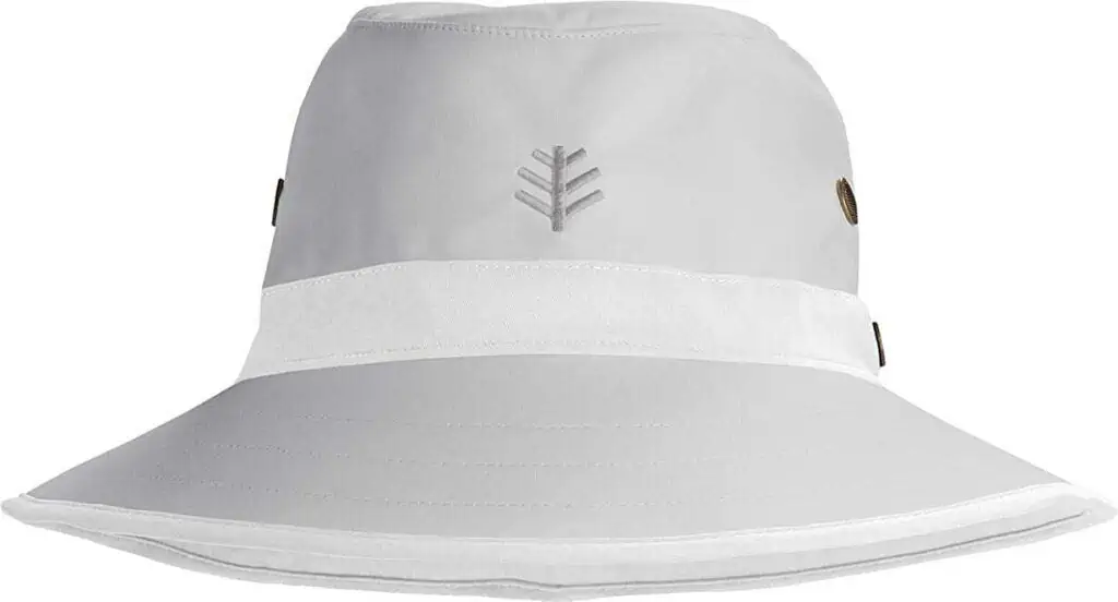 Best Women's Golf Hats for Sun Protection. Showing Coolibar Grey colored matchplay hat.  