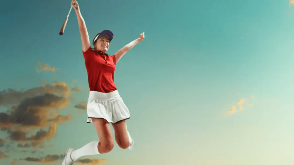 Why is golf so fun? Showing young girl jumping for joy with golf club.