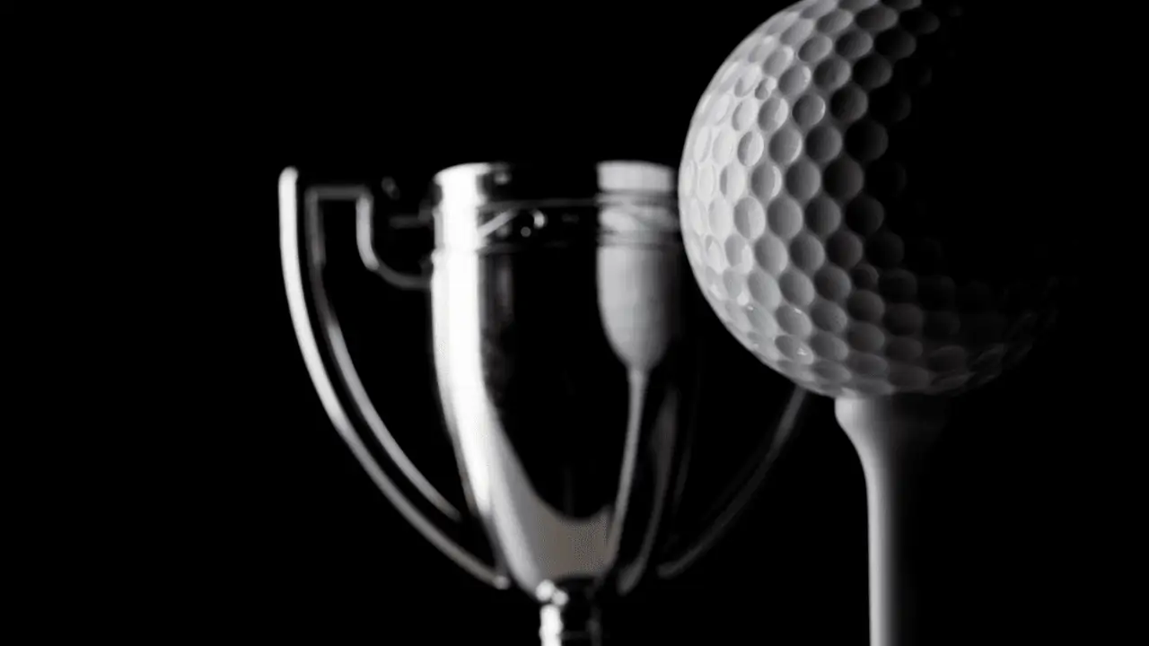 steve alker witb article: steve alker what's in the bag article, and photo shows silver trophy with golf ball and tee.