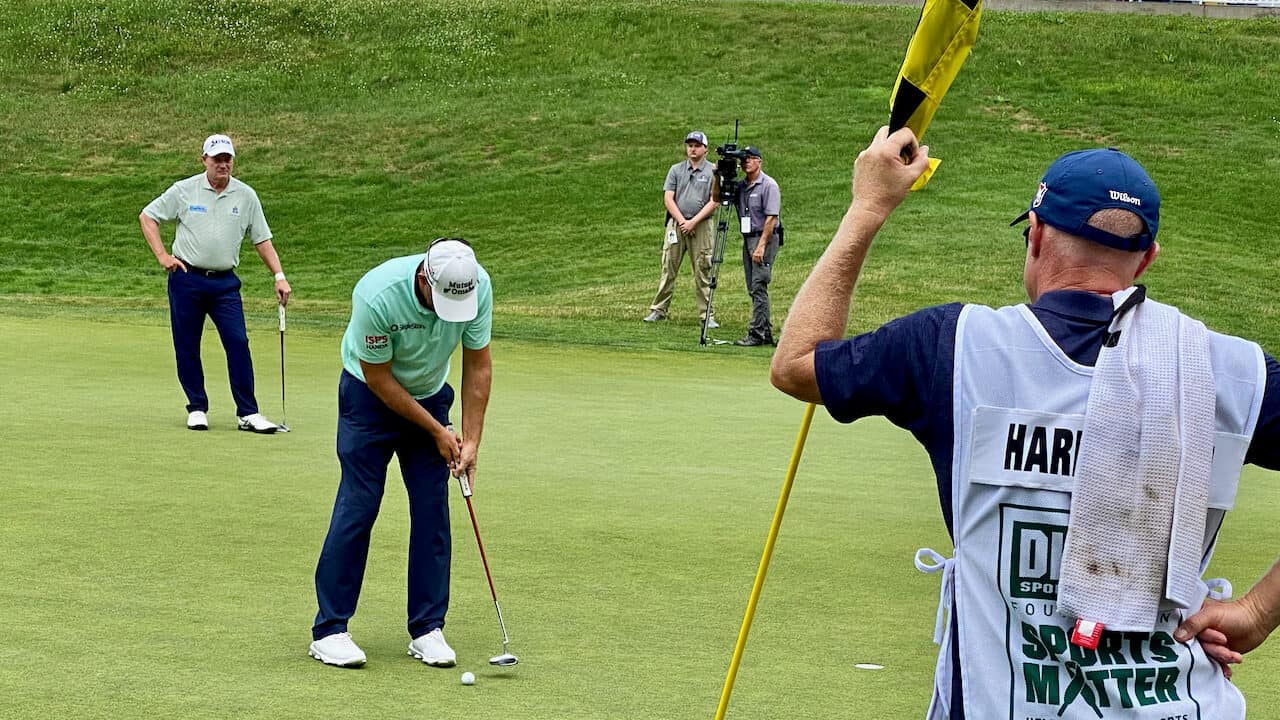 Padraig Harrington WITB article showing him finishing his putt on the En-Joie Golf Course in NY 2023