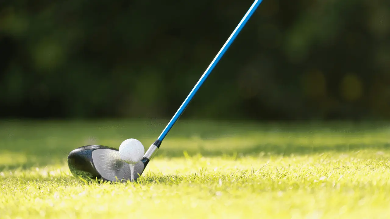 Close up of right handed driver, showing the graphite shaft and club head next to a ball on a golf tee.