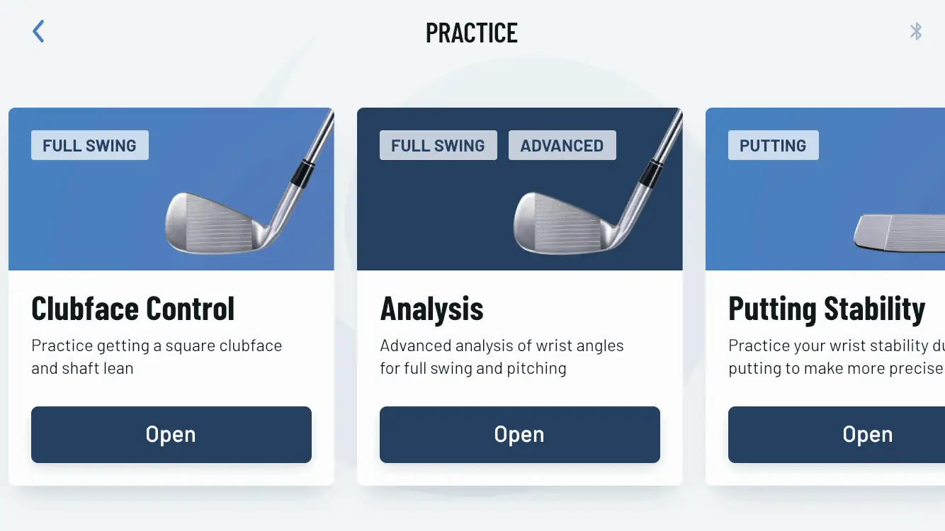 HackMotion Practice options showing clubface control, analysis, and stability.