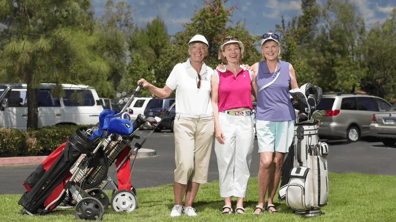 3 ladies golfers shown with their golf clubs