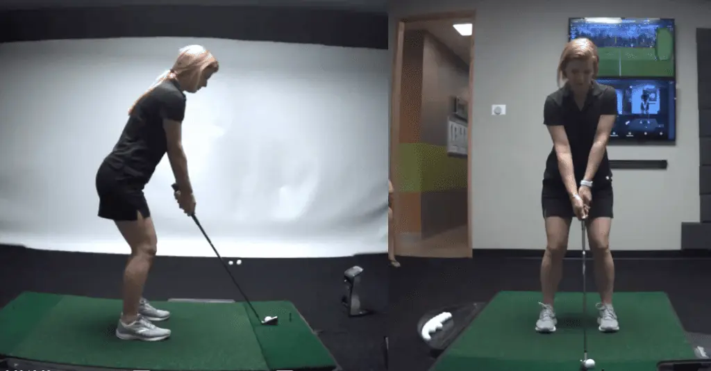 Showing GolfTec Lesson and analysis with before and after golf swing in the hitting bay