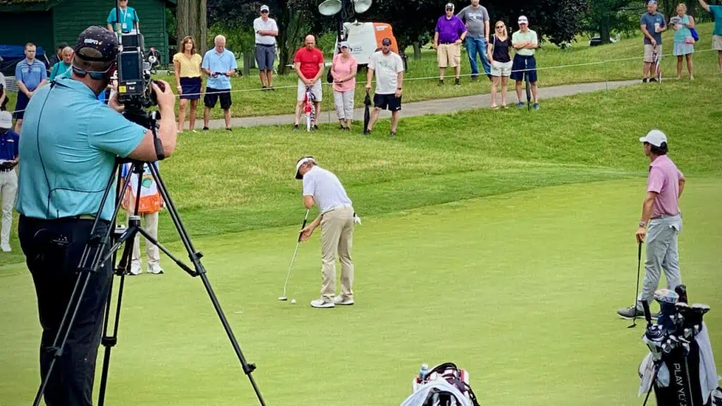 Bernhard Langer using his putter on the En-Joie Golf Course in 2023.