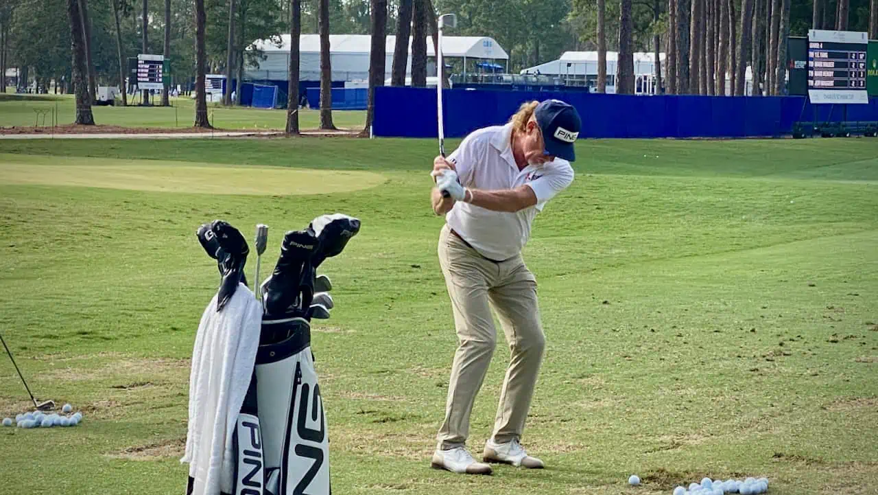 Miguel Angel Jimenez in 2023 on the PGA Tour Champions in Jacksonville, FL driving range warm up practice.