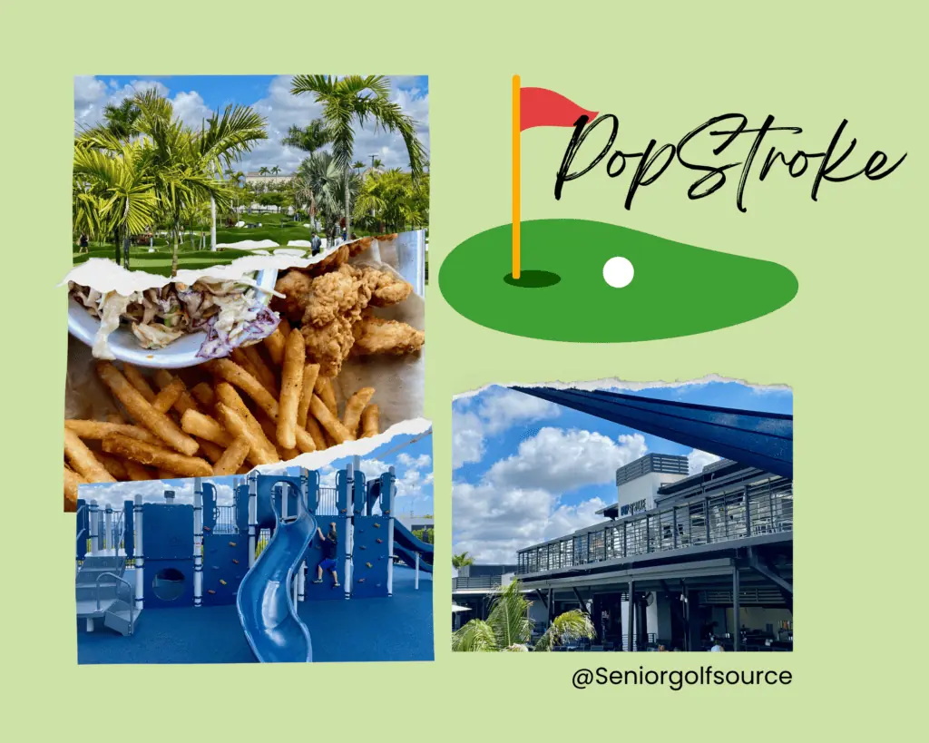 Popstroke review: Popstroke photos and collage by Senior Golf Source showing the fried chicken and french fries, golf course, and bar and playground.