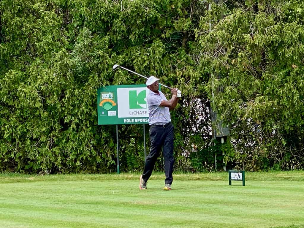 Vijay Singh Driver shot from the tee box at En-Joie Golf Course on the PGA Tour Champions tournament.