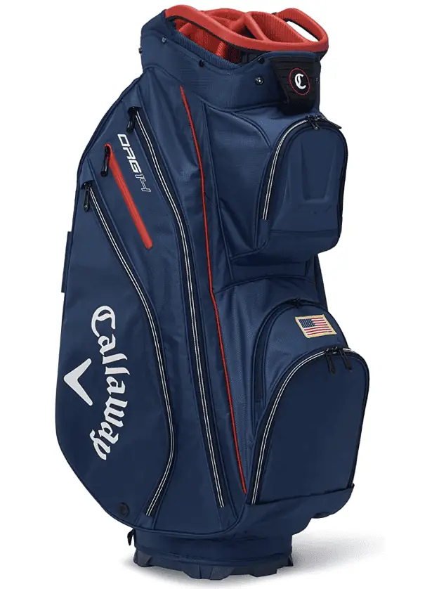 Callaway ORG 14 Cart Bag, best golf cart bags for color choices showing the navy and red with an American Flag above the ball storage.