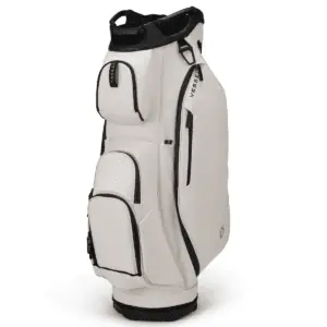 Vessel Lux 14-Way Cart Bag shown in cream with black pocket and lettering.