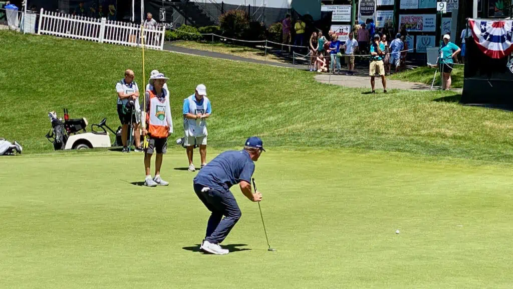 David Duval reading the green at the Dick's Sporting Goods Championship in 2023.  Showing his putter. 