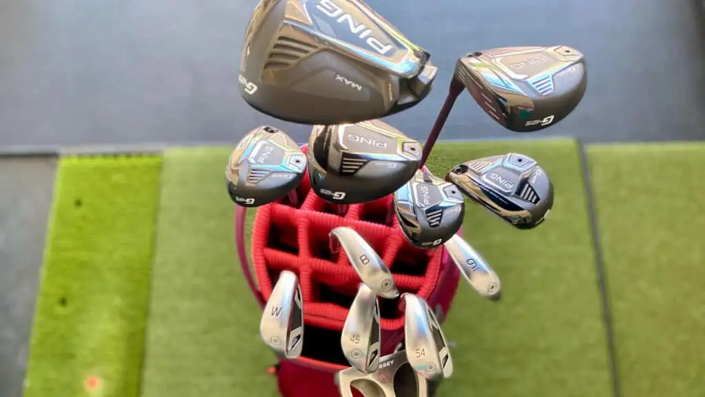 showing what are the different types of golf clubs with a close up of a golf bag