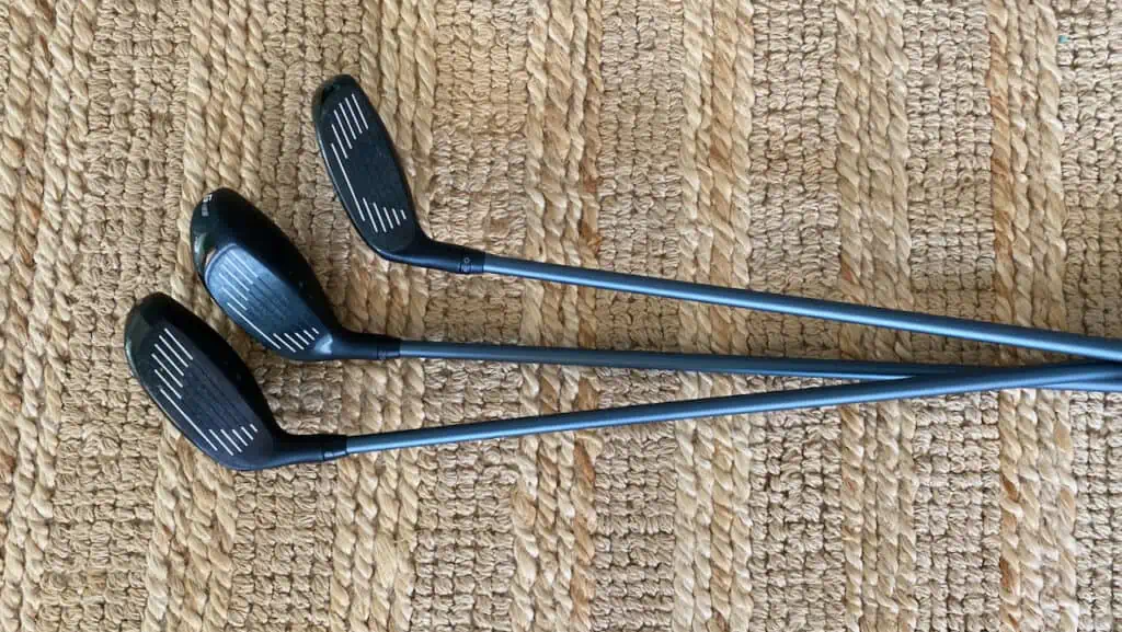 types of golf clubs pictures - showing a 4 hybrid, 5 hybrid, and 6 hybrid