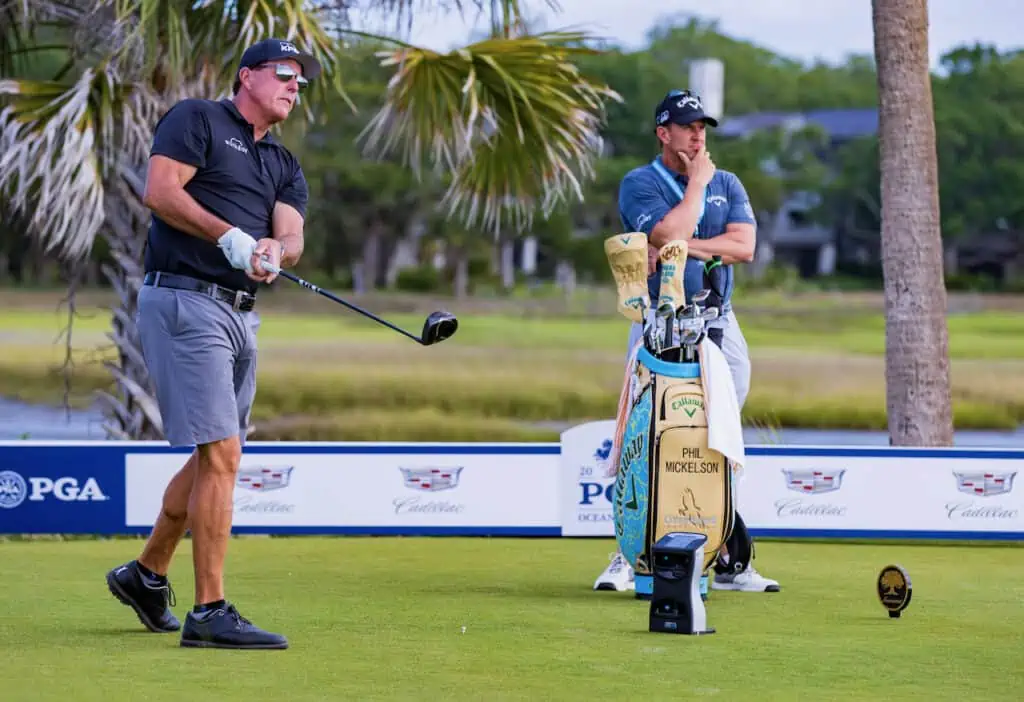 KIAWAH ISLAND, SC USA  - May 19 , 2021: Phil Michelson as  he prepares to play in the 2021 PGA Championship. Phil won the tournament for his 6th major championship victory.  Showing left handed golfer who can hit a draw vs fade.