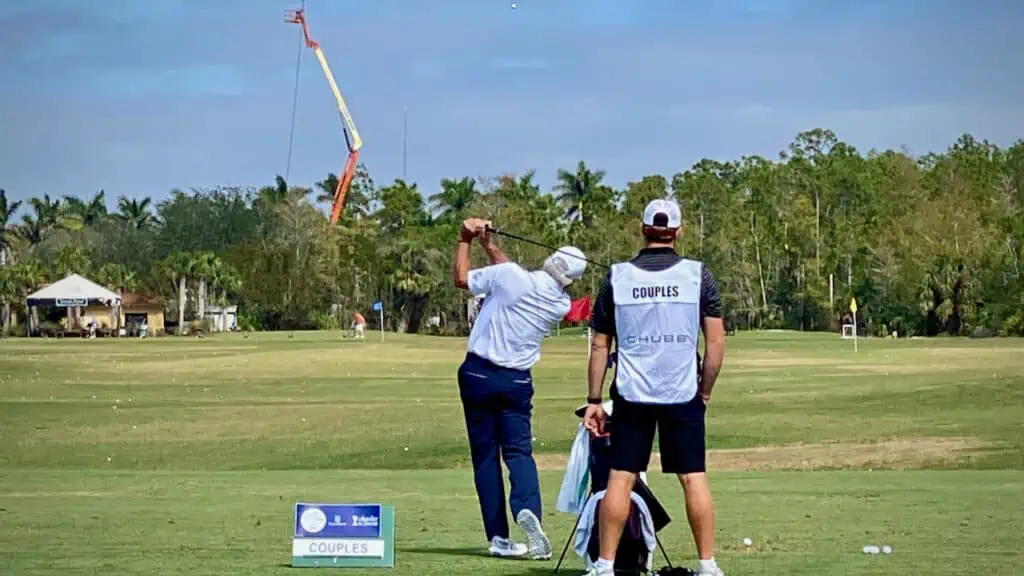 Fred Couples golf swing at the driving range in Naples, FL at the Chubb Classic.