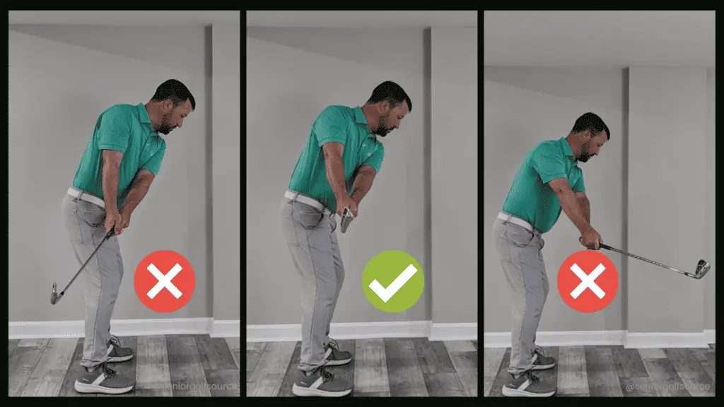 PGA Golf Professional Brett Francisco demonstrating Fred Couples golf swing sequence and right and wrong versions. The middle photo shows the on plane golf swing which is the correct version.