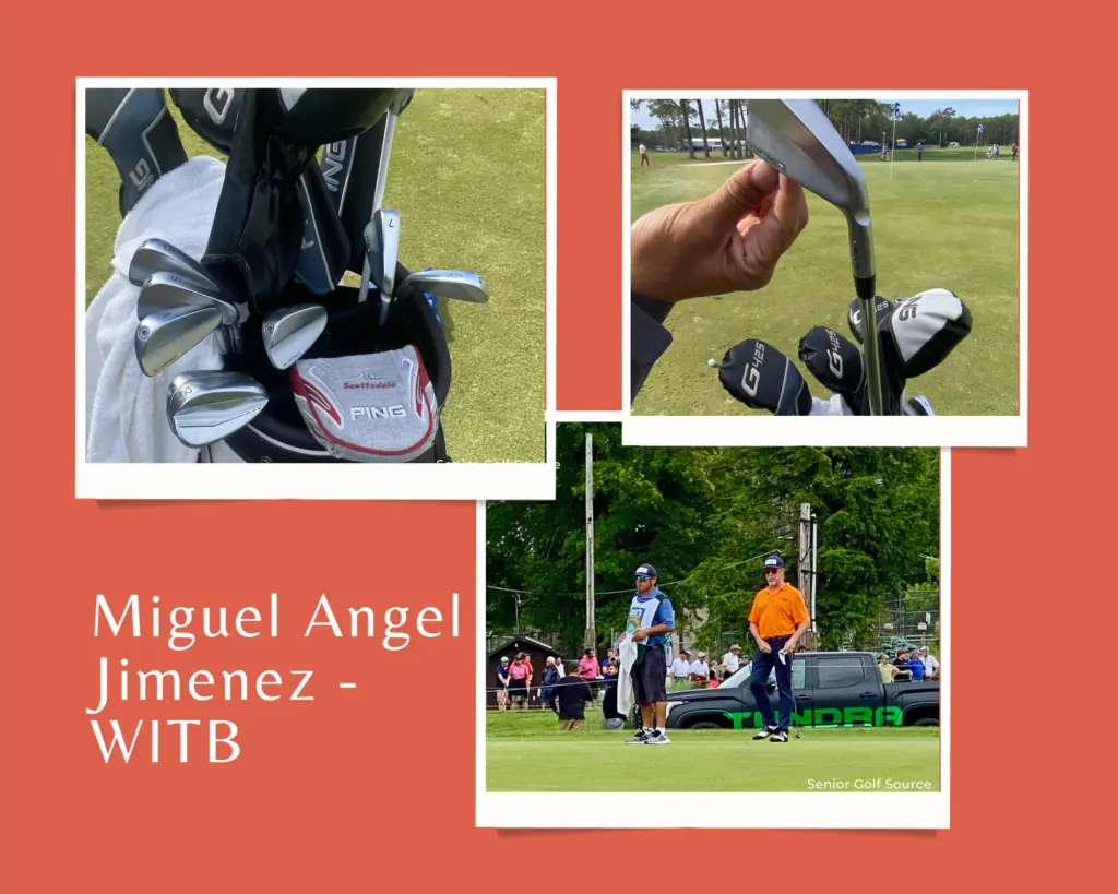 Collage of photos taken by Senior Golf Source of Miguel Angel Jimenez Golf Bag.