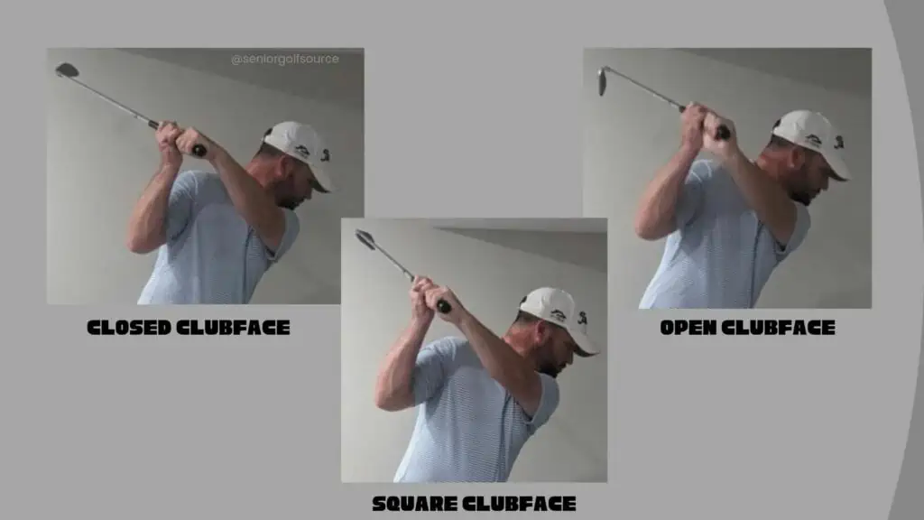 Brett showing 3 photos of the golf swing - closed clubface, square clubface, and open clubface.