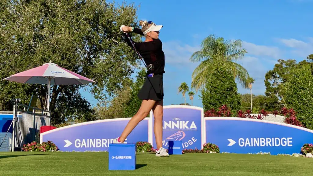 Nelly Korda hit her fairway wood from the tee at Pelican Club in November 2023.  Show in her backswing.