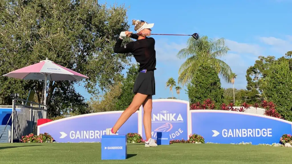 Photo taken by Senior Golf Source of Nelly Korda hitting her driver off the tee box.