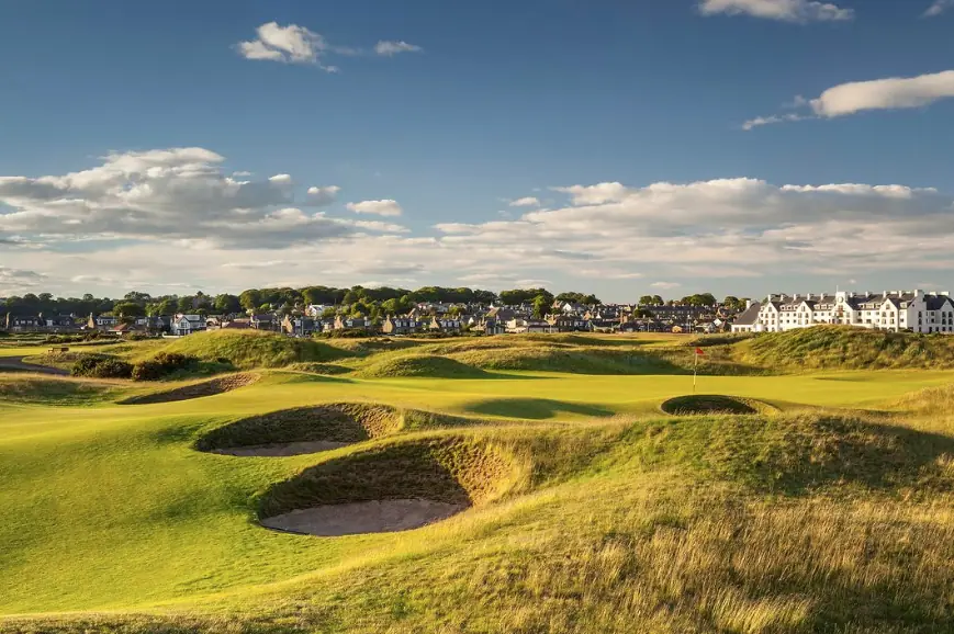 Carnoustie Golf Links showing massively deep bunkers with green fairways