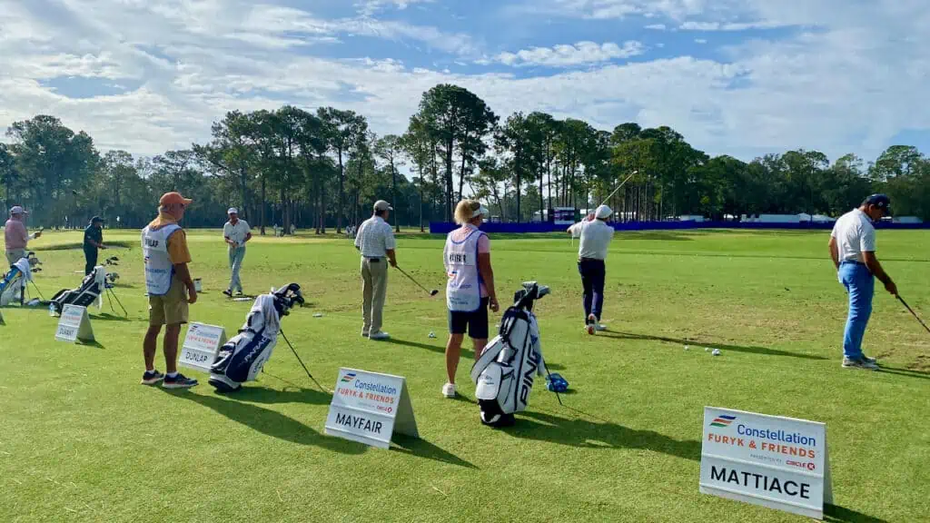 PGA Tour Champions driving range showing the Furyk & Friends warming up.