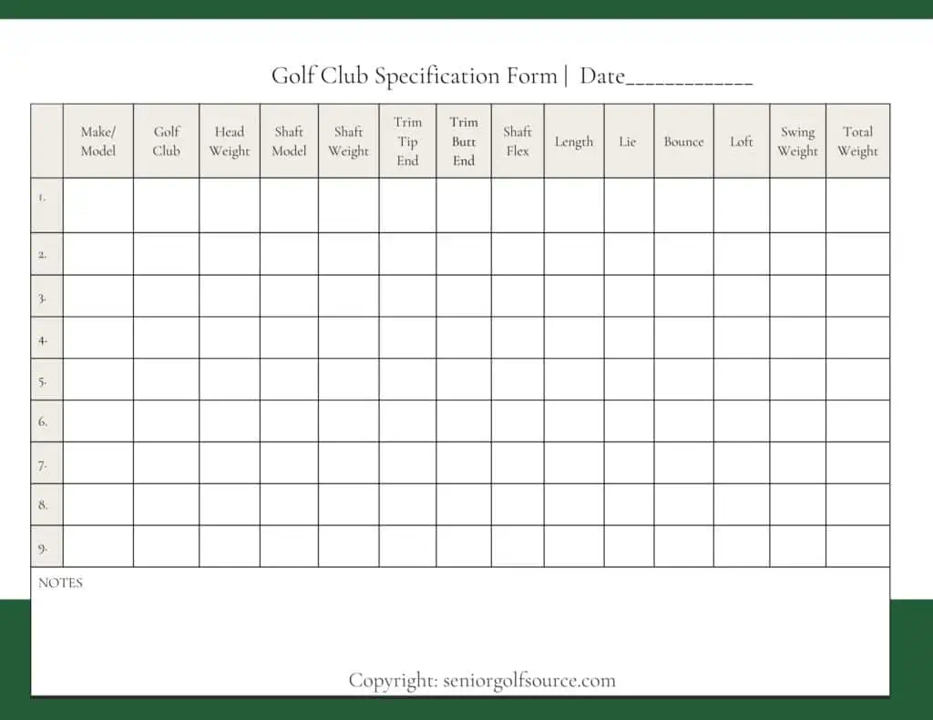 Golf Club Specification Form