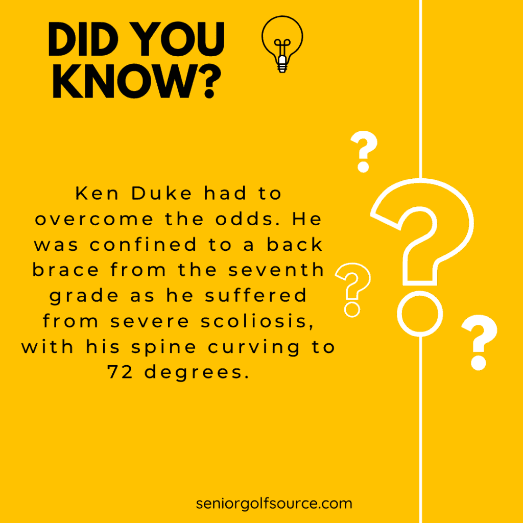Ken Duke fact, "Ken Duke was confined to a back brace from the seventh grade as he suffered from severe scoliosis, with his spine curving to 72 degrees."