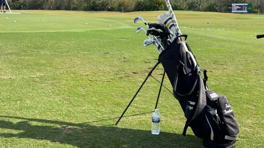 Paul Broadhurst WITB photo taken by Senior Golf Source he has his bag and water bottle visible.  Bag is black in color.