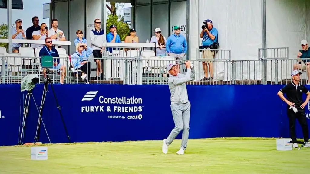 Jim Furyk teeing off at the Furyk and Friends Tournament in 2023.