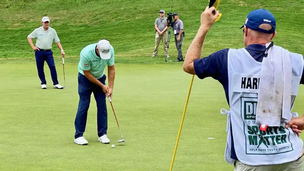 Padraig Harrington hitting his putter at Dick's Sporting Goods Open in New York in 2023.