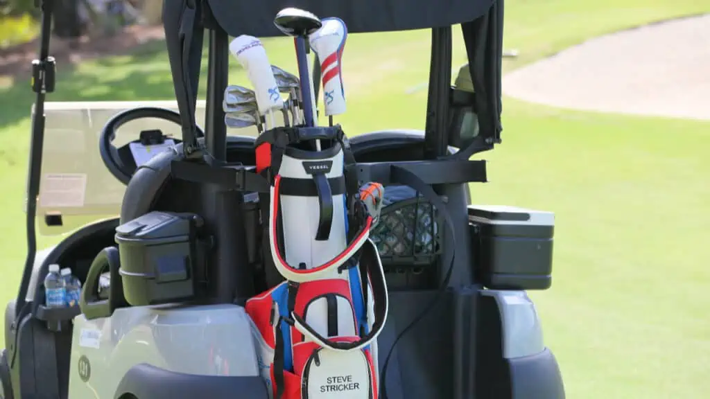 Showing Steve Stricker WITB 2024 photo of his golf bag at the Chubb Classic in Naples on a golf cart.