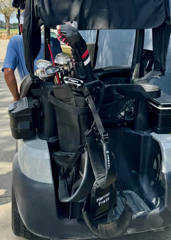 Harrison Frazar What's in the Bag photo showing the full bag in black in his golf cart.