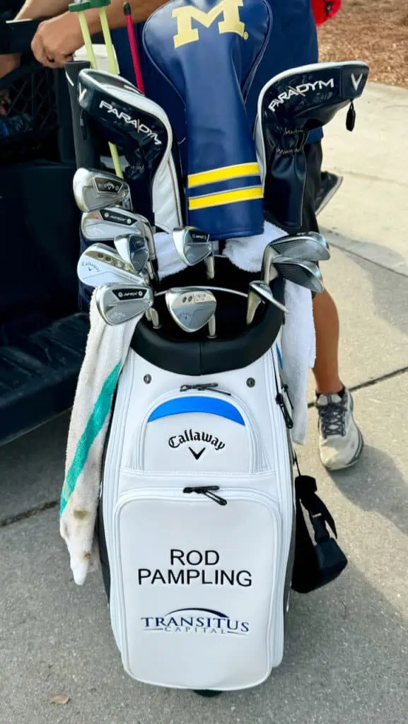 Rod Pampling WITB photo of his logo on his golf bag and the full set of clubs taken by Senior Golf Source.  