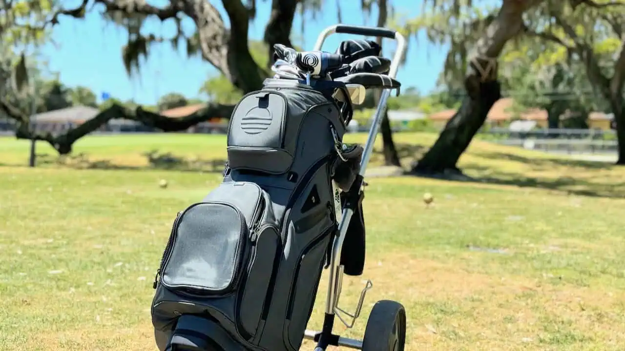 Sunday Golf Big Rig Golf Bag photo on the golf course on a push cart.