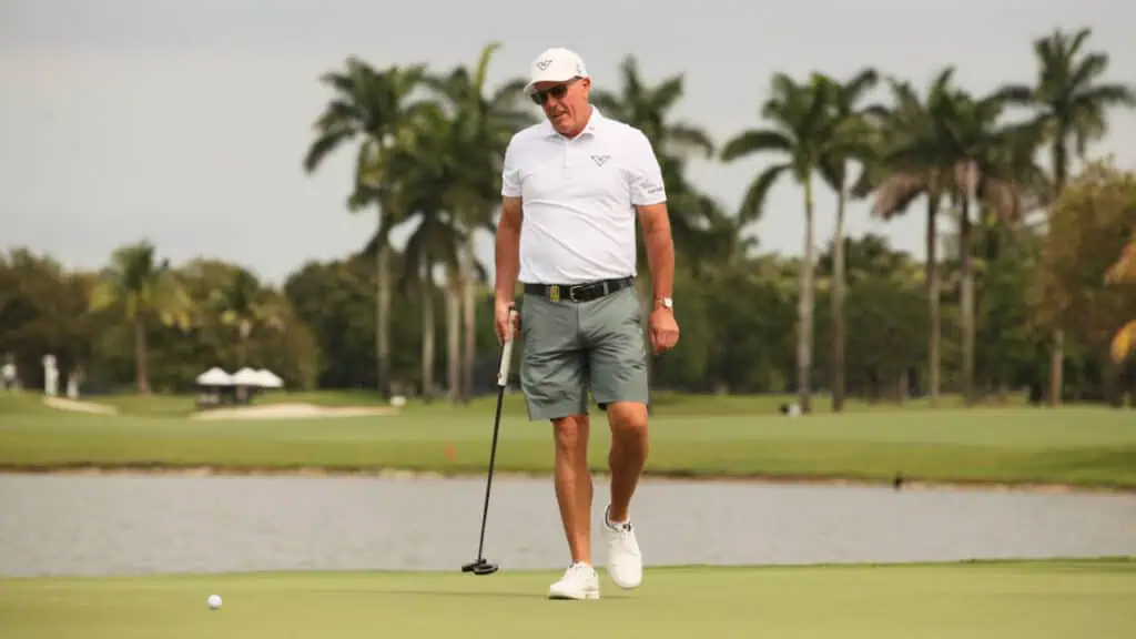 Phil Mickelson on the putting green on the Trump National course in Doral, FL 2024.