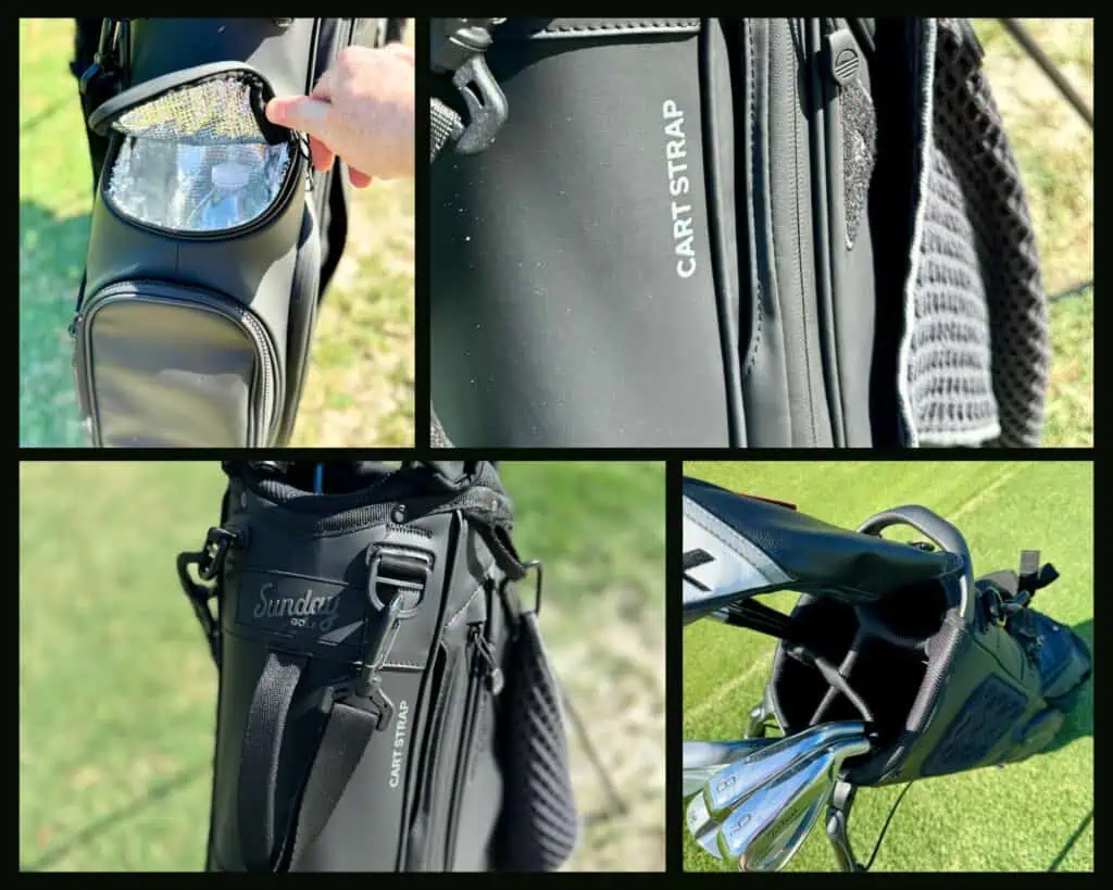 Collage of the Sunday Golf Ryder 23 Bag showing up close photos of the pockets and layout.